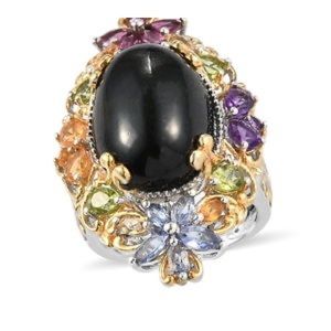 Indian Black Star Diopside, Multi Gemstone Cocktail Ring  in Size 8